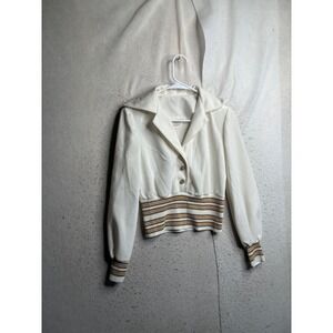 Vintage JCPenney Fashions White Cropped Jacket Metallic Striped Ribbed Trim 10